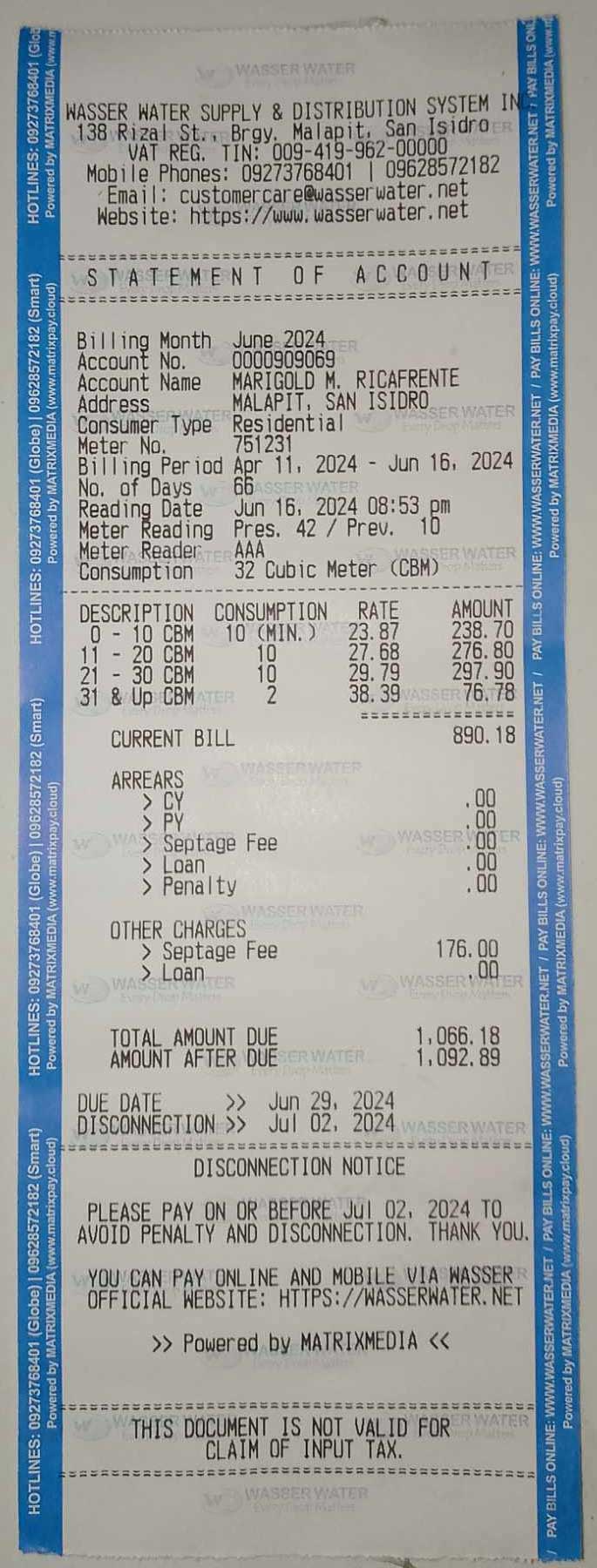 Wasser Water Sample Read and Bill